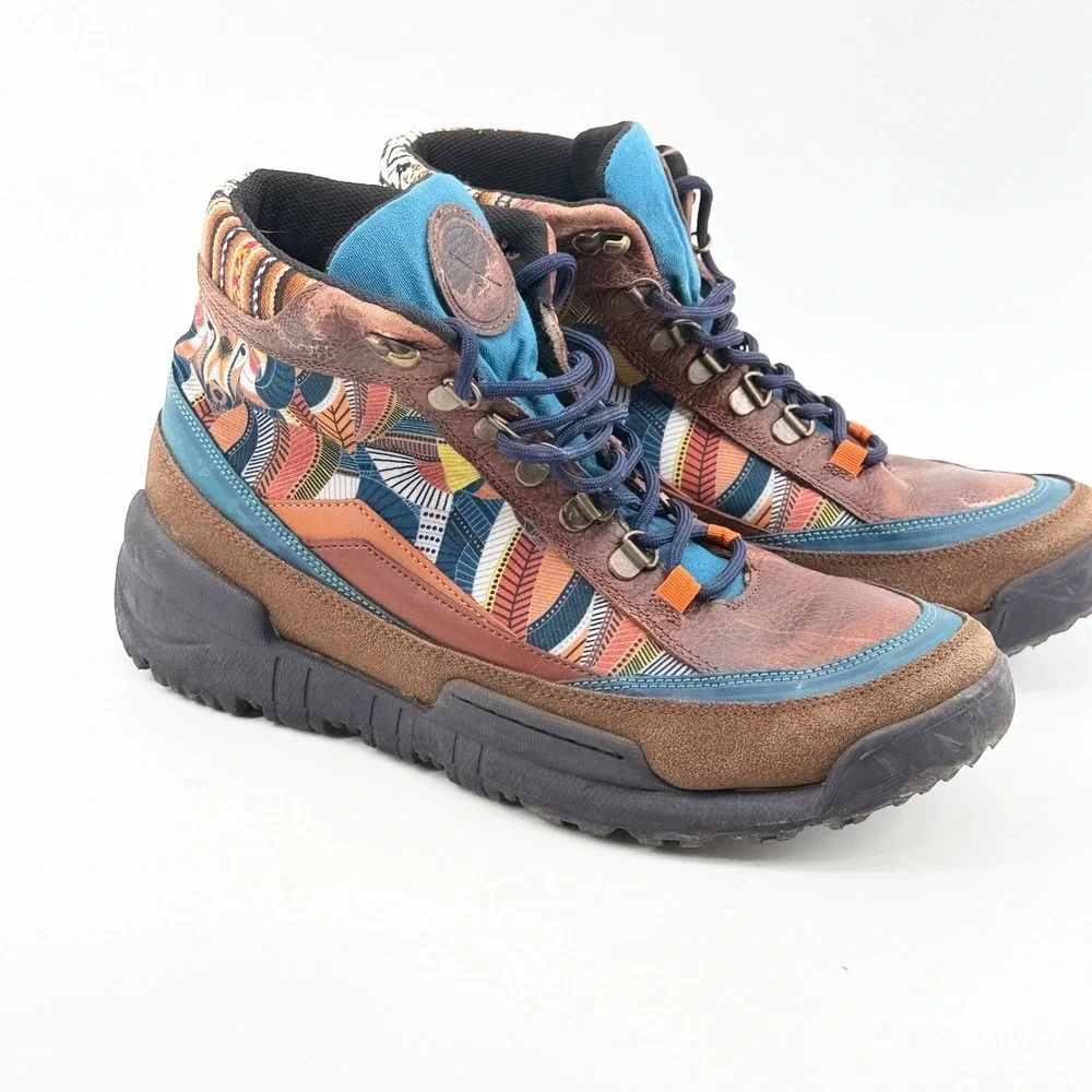 Inkkas Mens Camping Boot Brown Multi Color Tribal Print Hiking Shoes Size 11